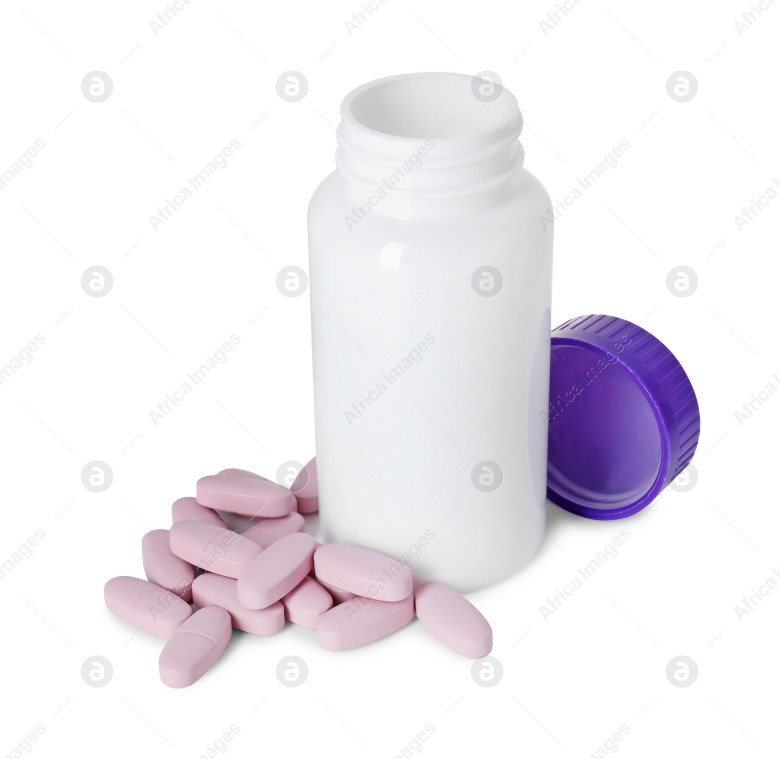 Photo of Bottle, lid and pile of vitamin pills isolated on white