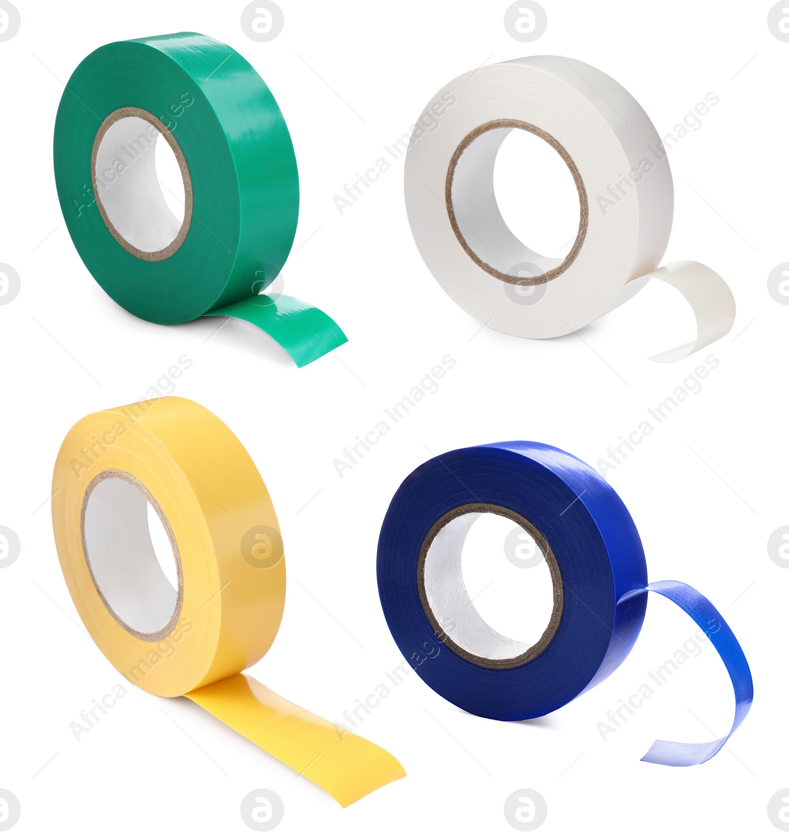 Image of Collage with insulating tapes in different colors on white background