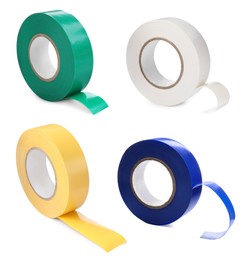 Image of Collage with insulating tapes in different colors on white background