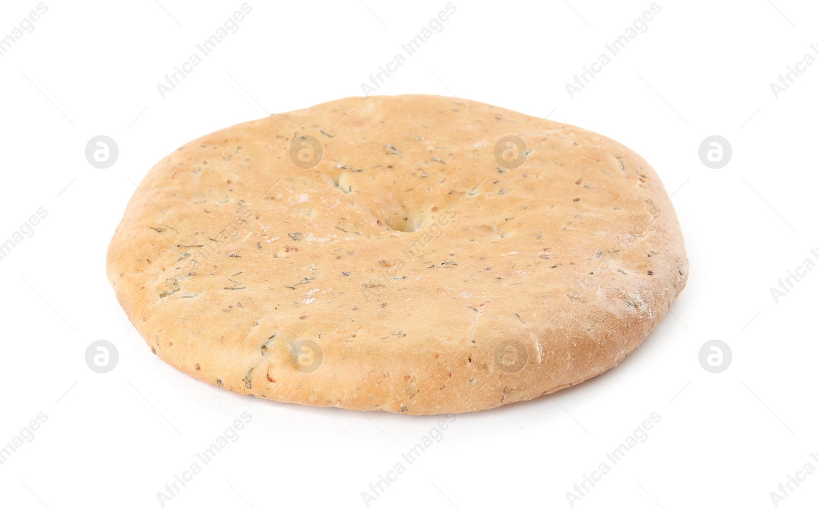 Photo of Tasty pita with herbs isolated on white. Fresh bread