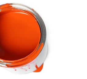 Photo of Can of orange paint on white background, above view