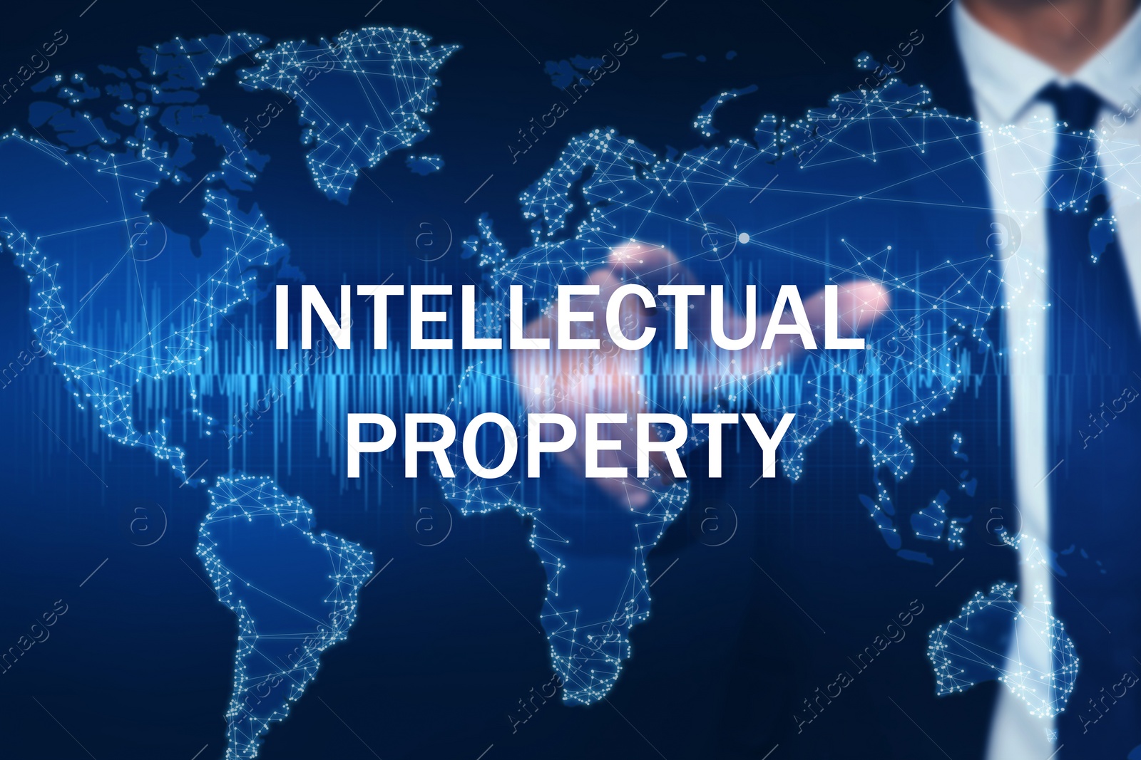 Image of Intellectual property concept. Man using virtual screen with world map illustration, closeup