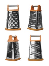 Image of Stainless steel graters on white background, collage 