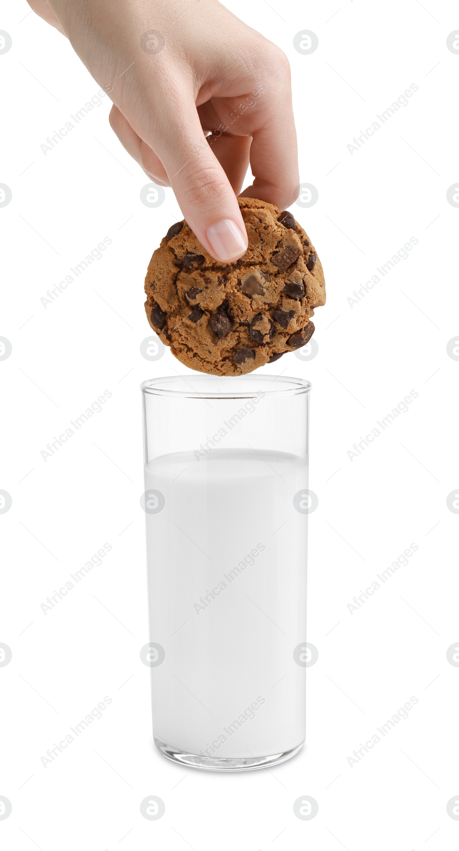 Photo of Woman dipping delicious chocolate chip cookie into glass of milk on white background, closeup