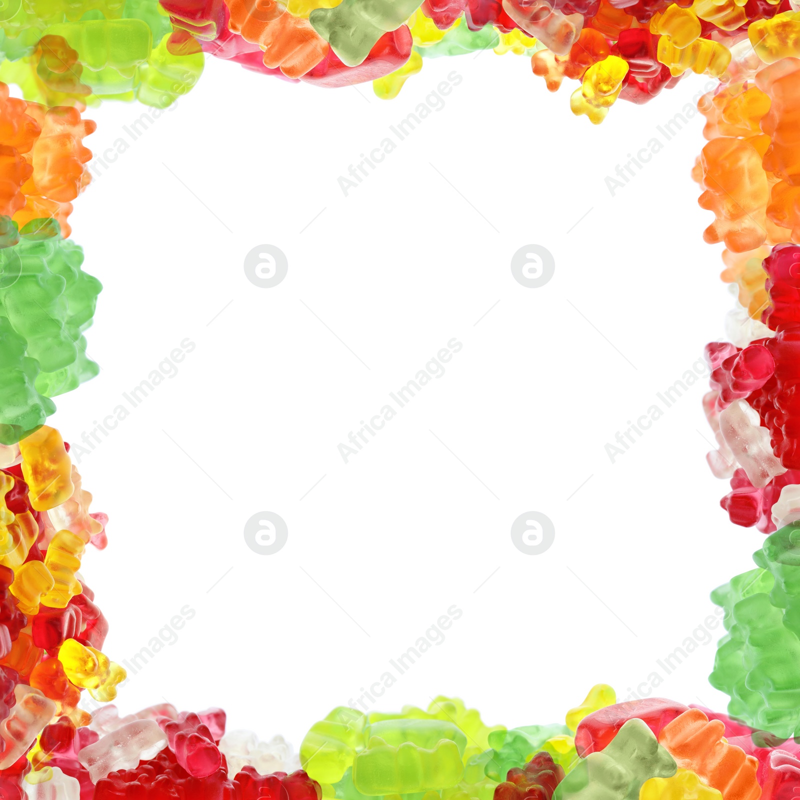 Image of Frame made of delicious jelly bears on white background