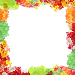 Image of Frame made of delicious jelly bears on white background