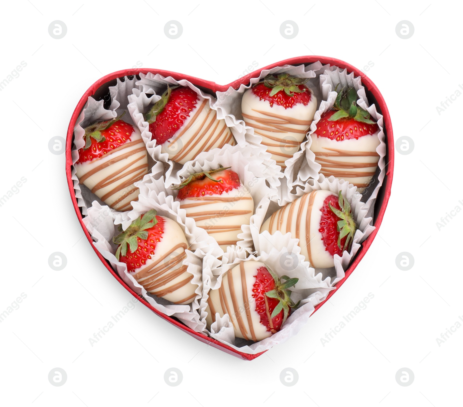 Photo of Heart shaped box with delicious chocolate covered strawberries isolated on white, top view