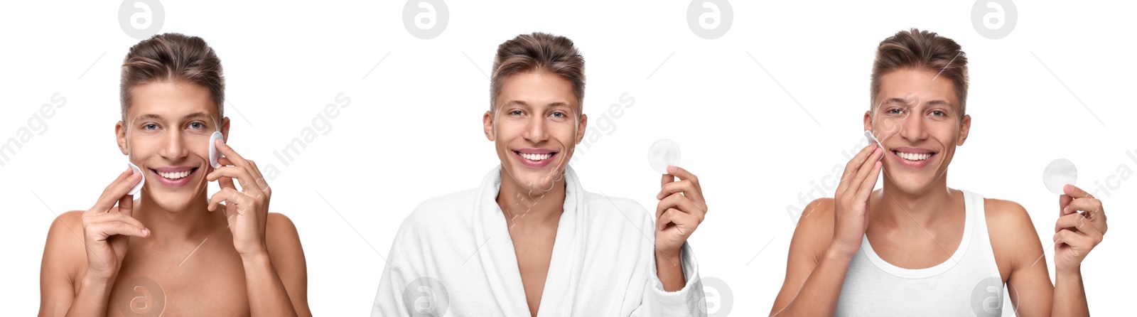 Image of Handsome man with cotton pads on white background, set of photos