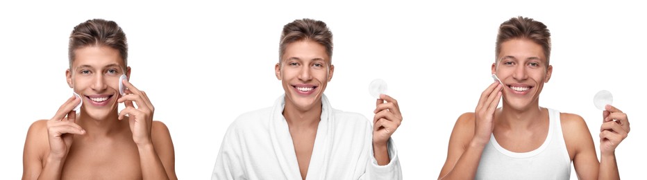 Image of Handsome man with cotton pads on white background, set of photos