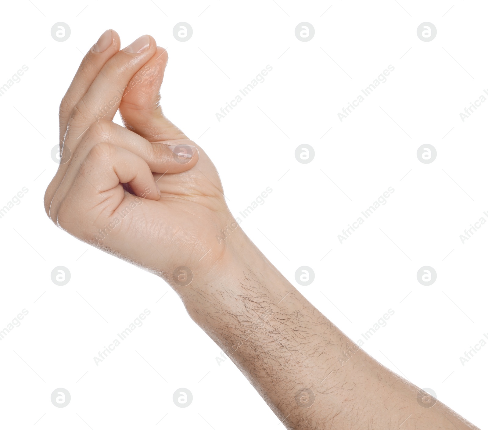 Photo of Man snapping fingers on white background, closeup of hand