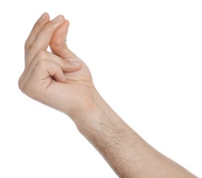 Man snapping fingers on white background, closeup of hand