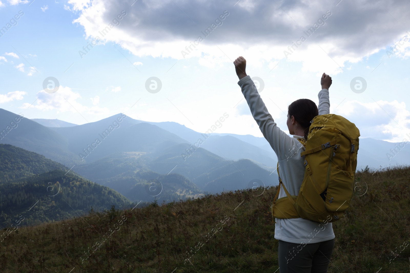 Photo of Triumphant tourist on top of mountain, back view. Space for text