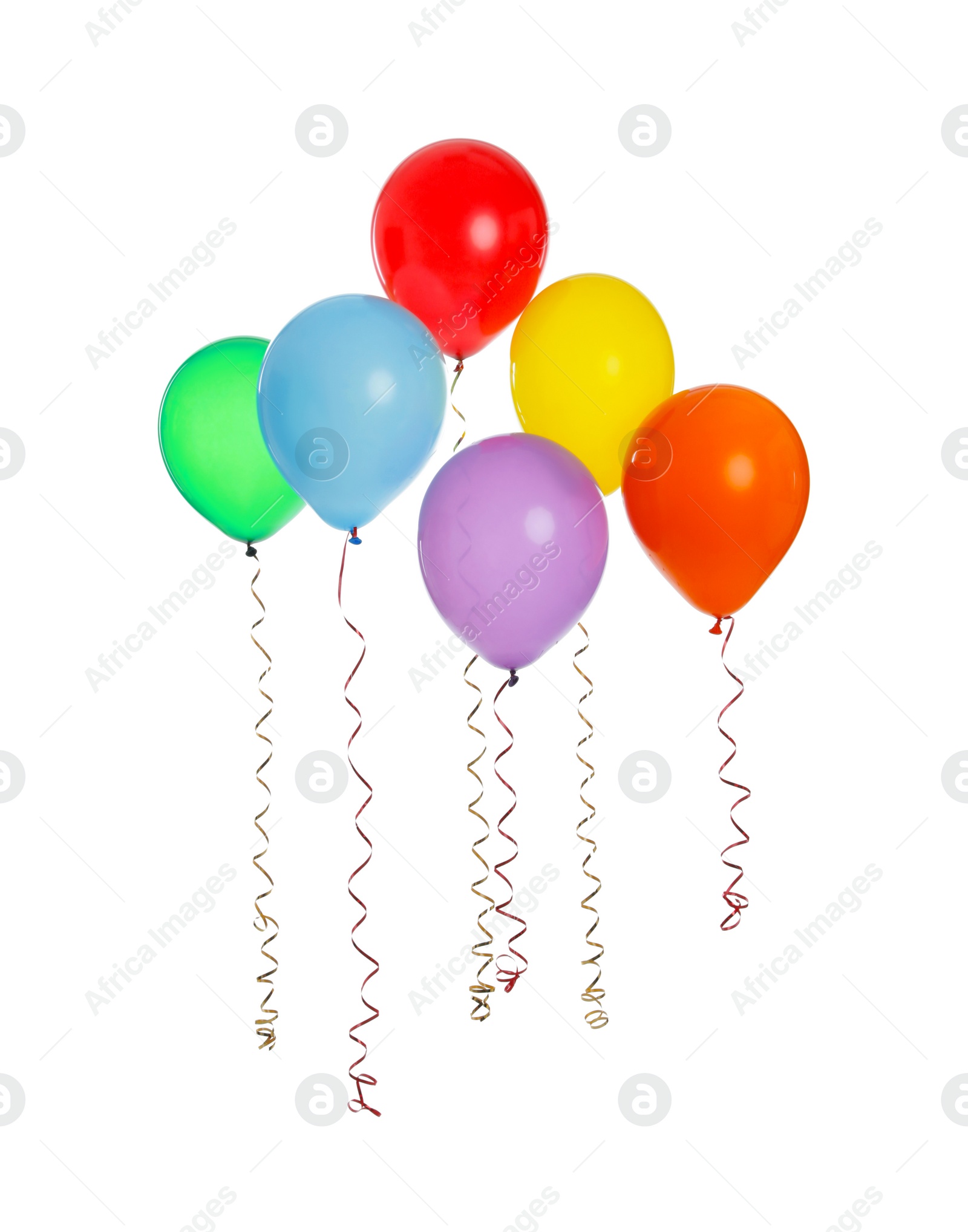 Photo of Many colorful balloons floating on white background