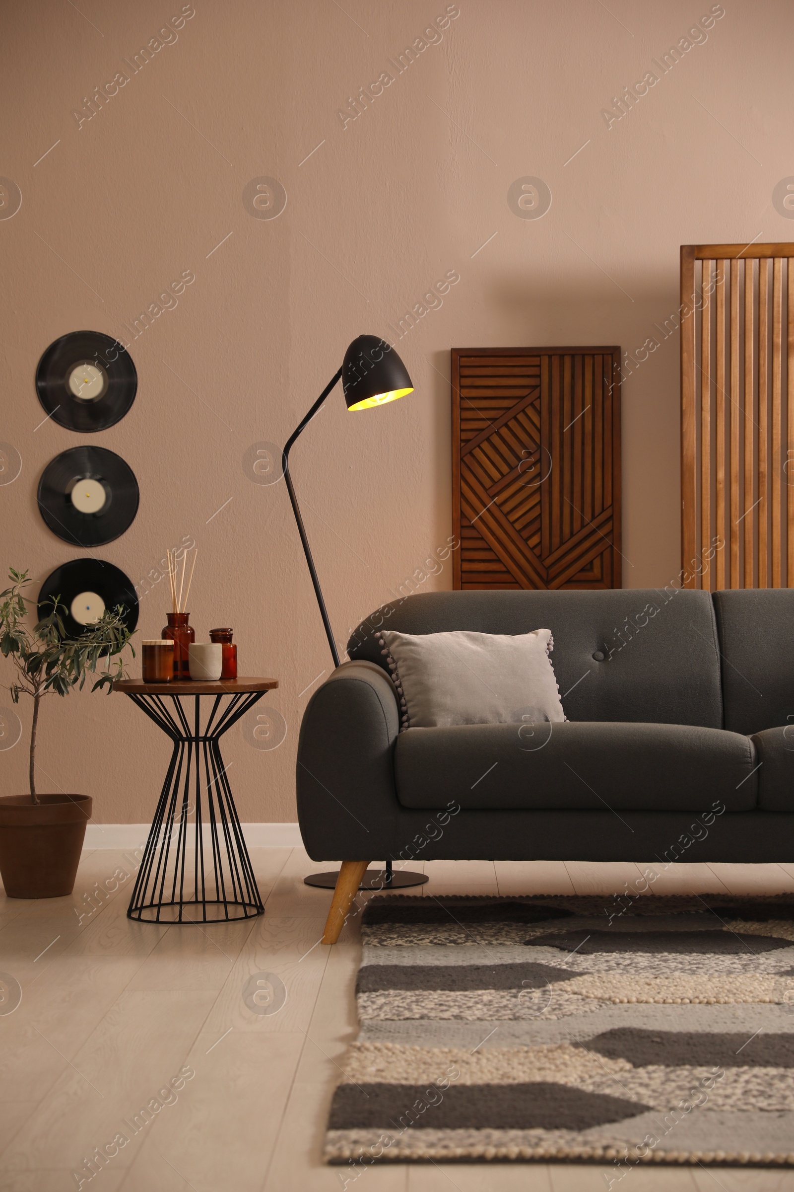 Photo of Stylish living room interior with comfortable dark sofa