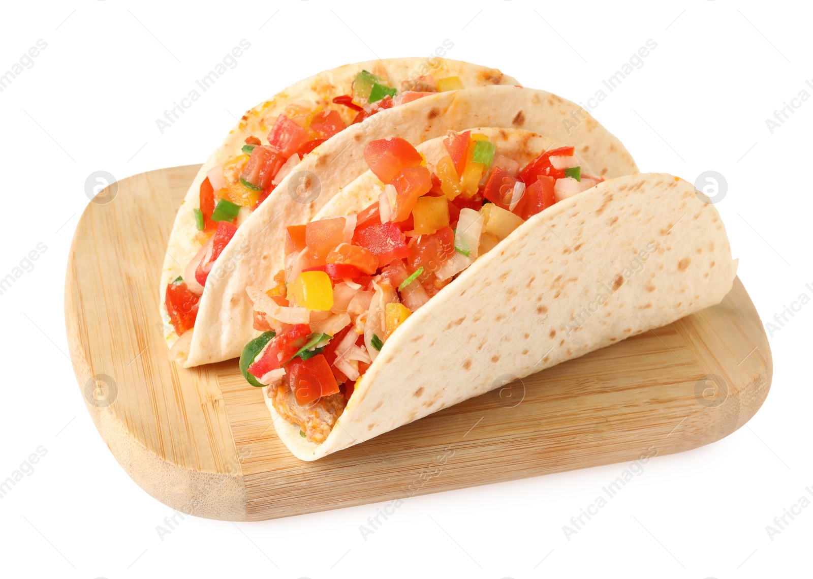 Photo of Delicious tacos with vegetables isolated on white