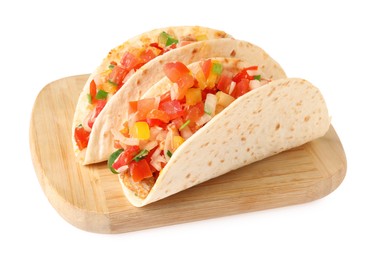 Photo of Delicious tacos with vegetables isolated on white