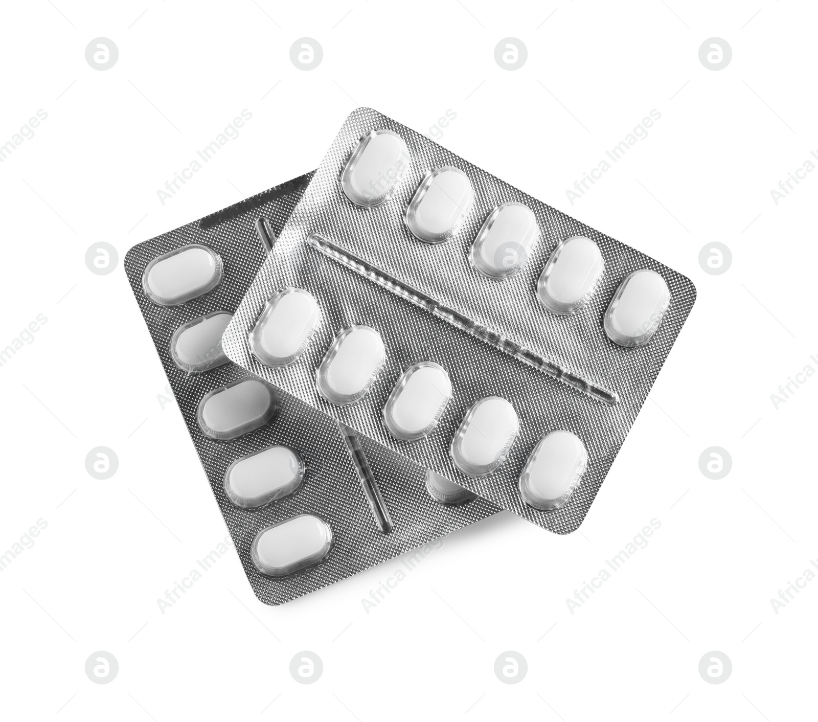 Photo of Blisters of pills on white background, top view