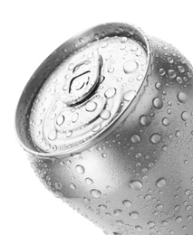 Aluminum can of beverage covered with water drops on white background