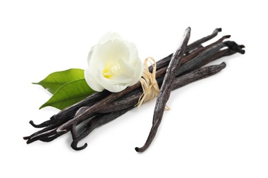 Photo of Vanilla pods, green leaves and flower isolated on white