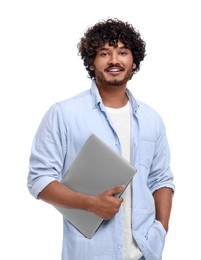 Photo of Smiling man with laptop on white background