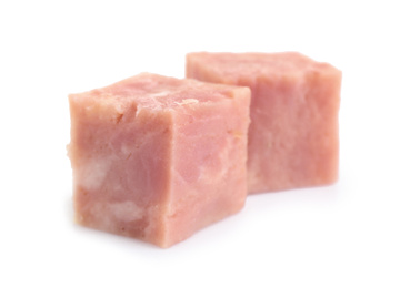 Photo of Cubes of tasty fresh ham isolated on white