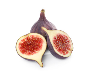 Photo of Whole and cut tasty fresh figs isolated on white