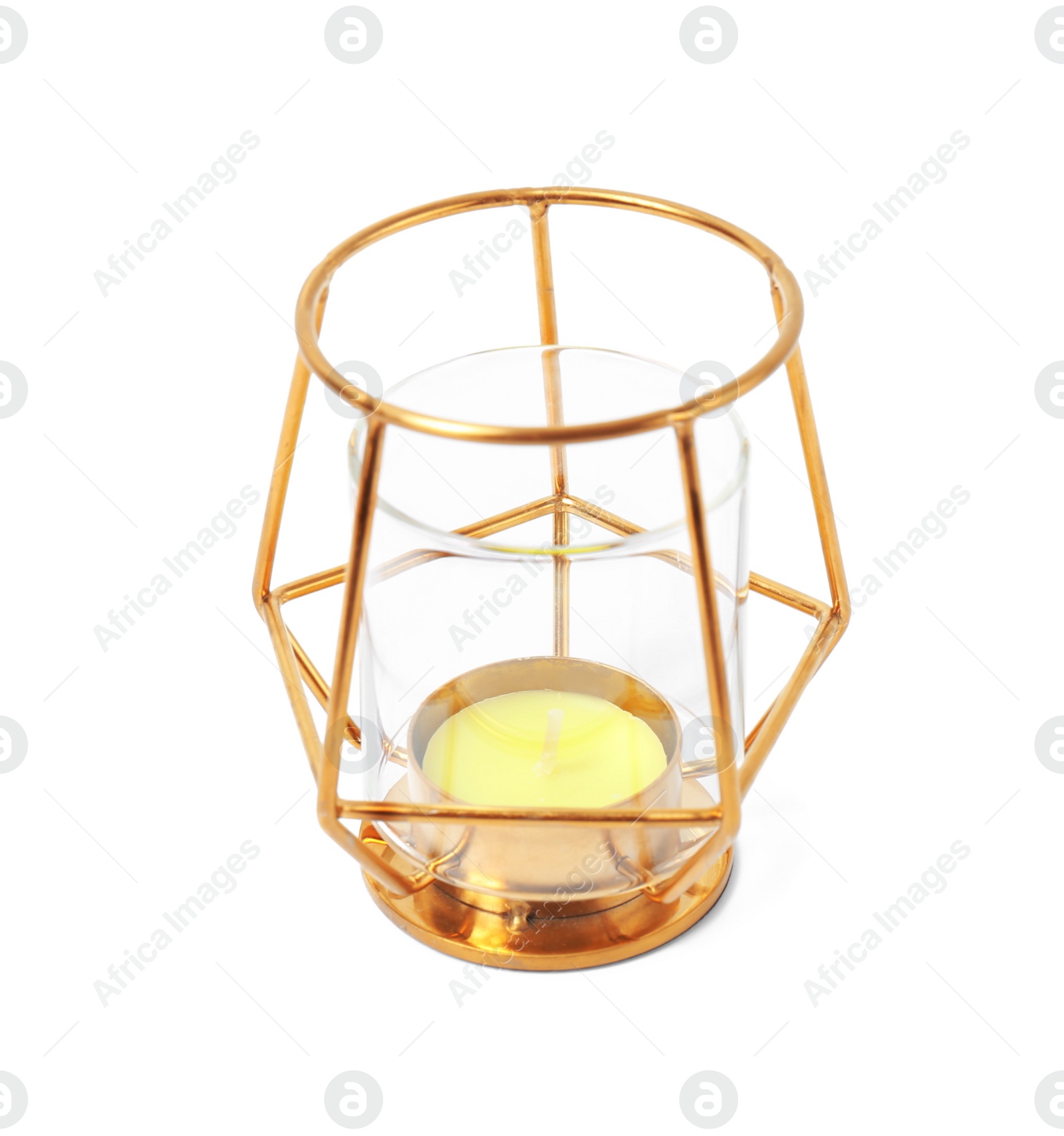 Photo of Stylish gold candle holder on white background