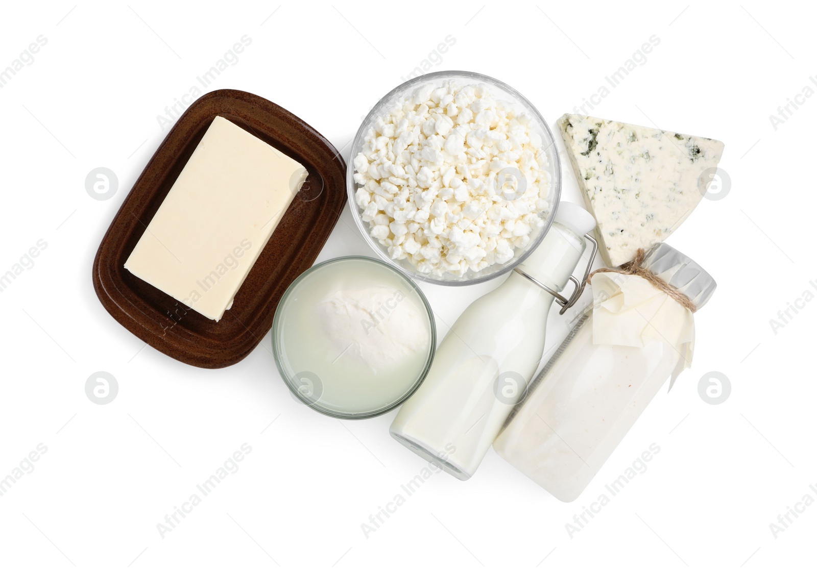 Photo of Different fresh dairy products isolated on white, top view