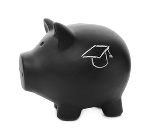 Photo of Black piggy bank with graduation cap on white background
