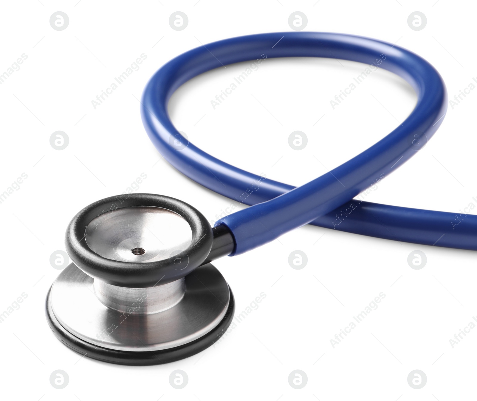 Photo of Modern stethoscope on white background, closeup view