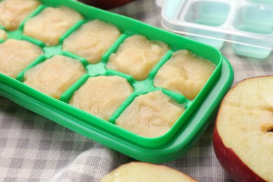 Photo of Apple puree in ice cube tray with ingredients on table, closeup