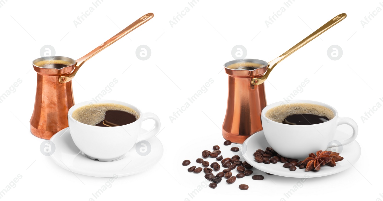 Image of Turkish coffee pots (cezve) with hot coffee and beans on white background. Banner design