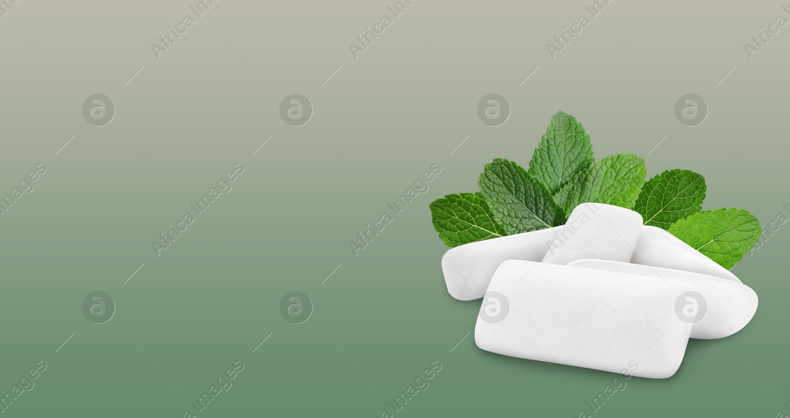 Image of Menthol chewing gum pillows and mint leaves on dark green gradient background, space for text. Banner design