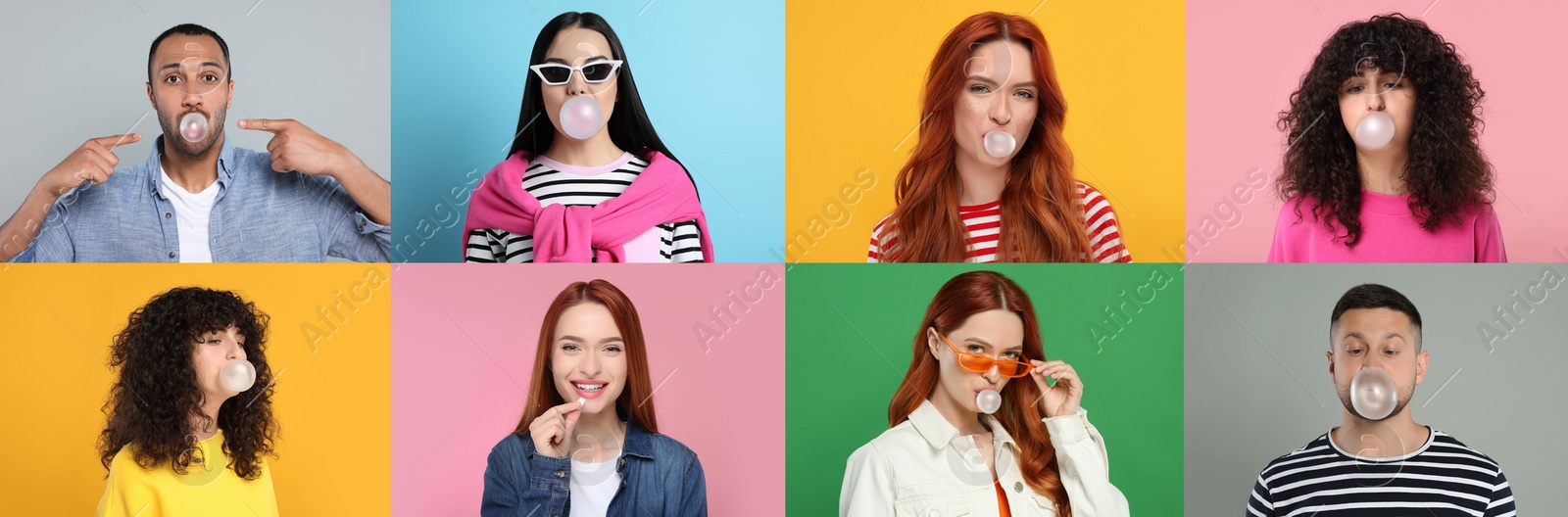 Image of People with bubble gums on color backgrounds, set of photos