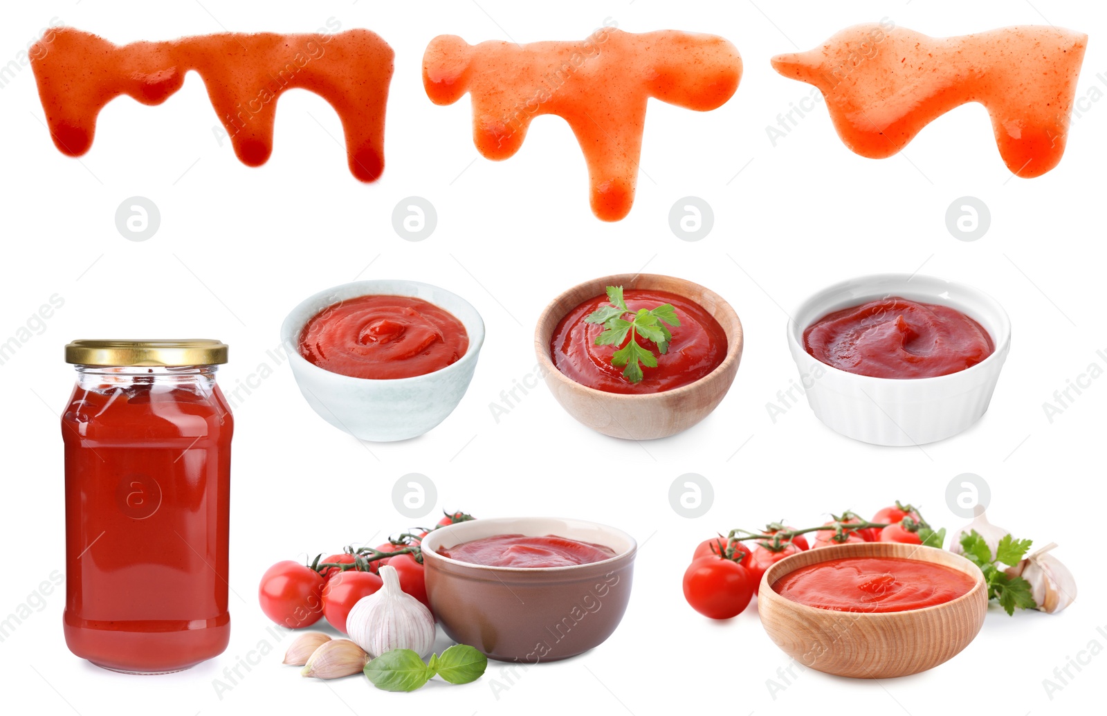 Image of Set of tasty tomato sauce on white background