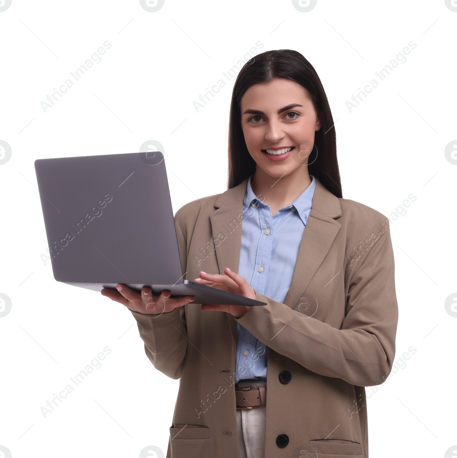 Photo of Beautiful happy businesswoman using laptop on white background