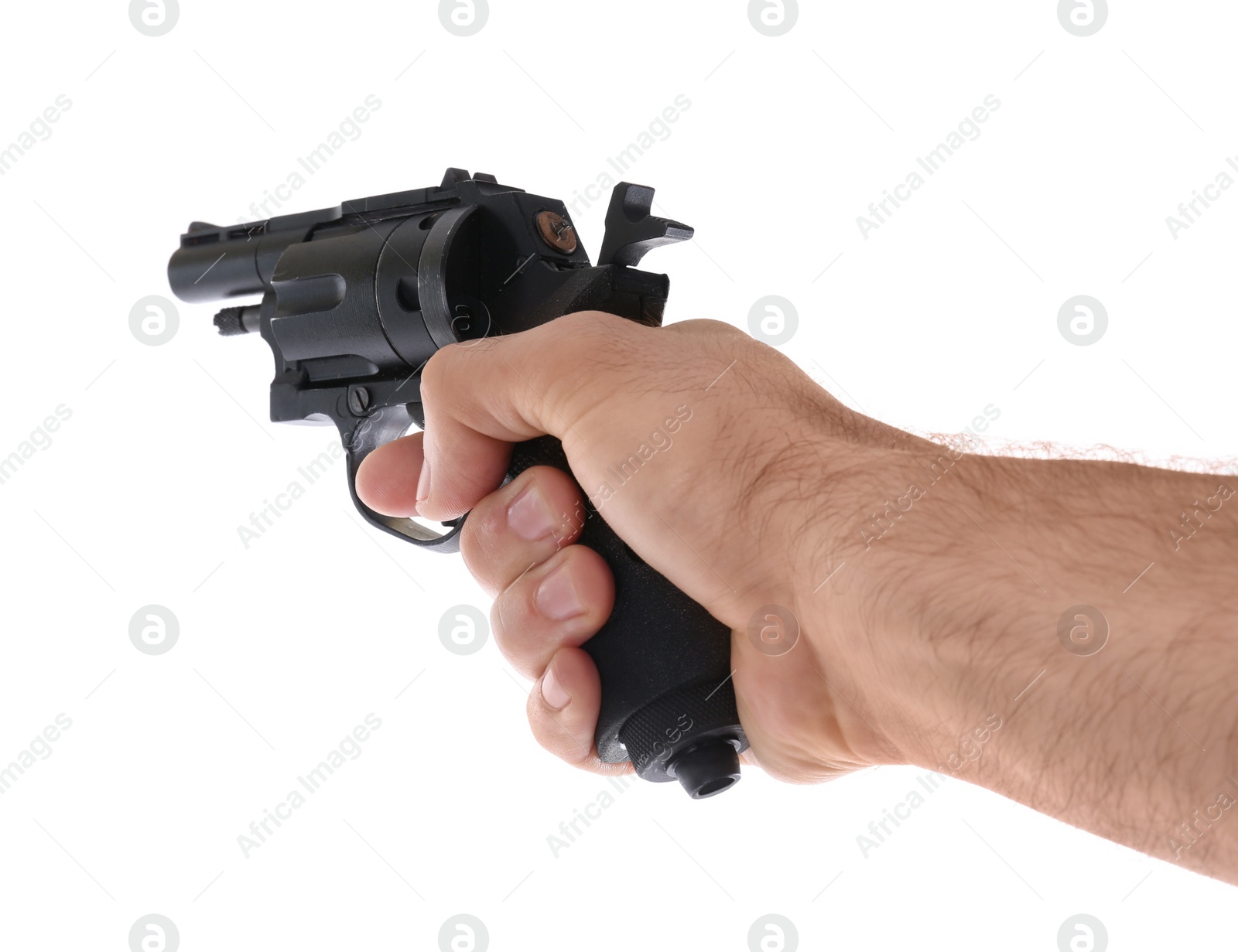 Photo of Man holding gun on white background, closeup