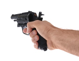 Photo of Man holding gun on white background, closeup