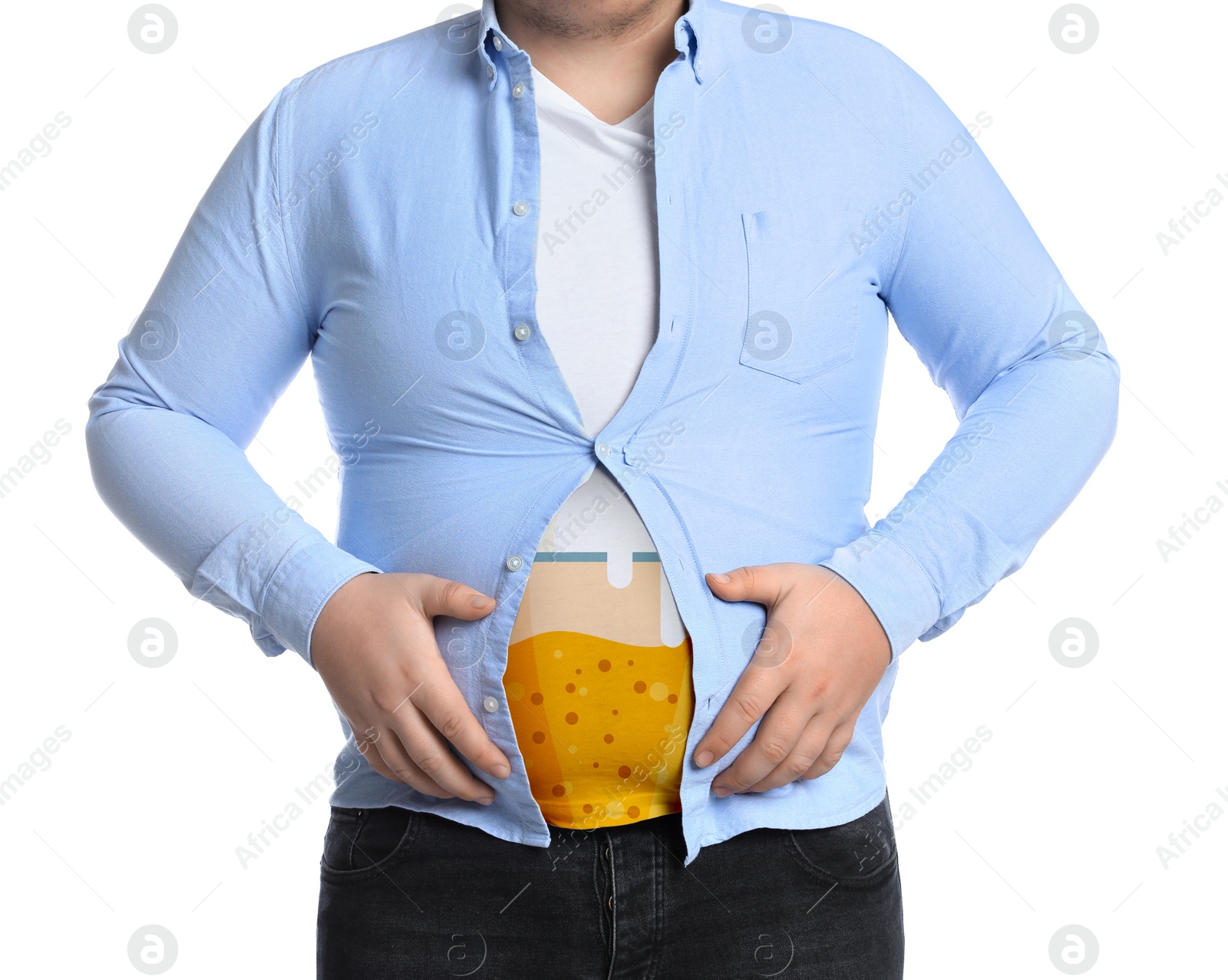 Image of Beer belly problem. Overweight man on white background, closeup