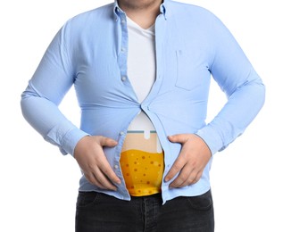 Beer belly problem. Overweight man on white background, closeup