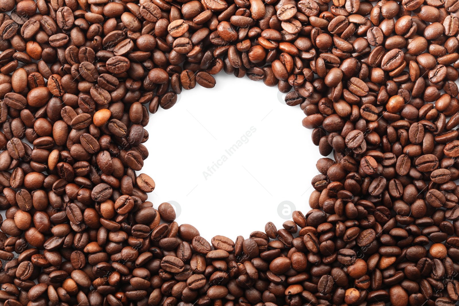 Photo of Frame of roasted coffee beans on white background, top view