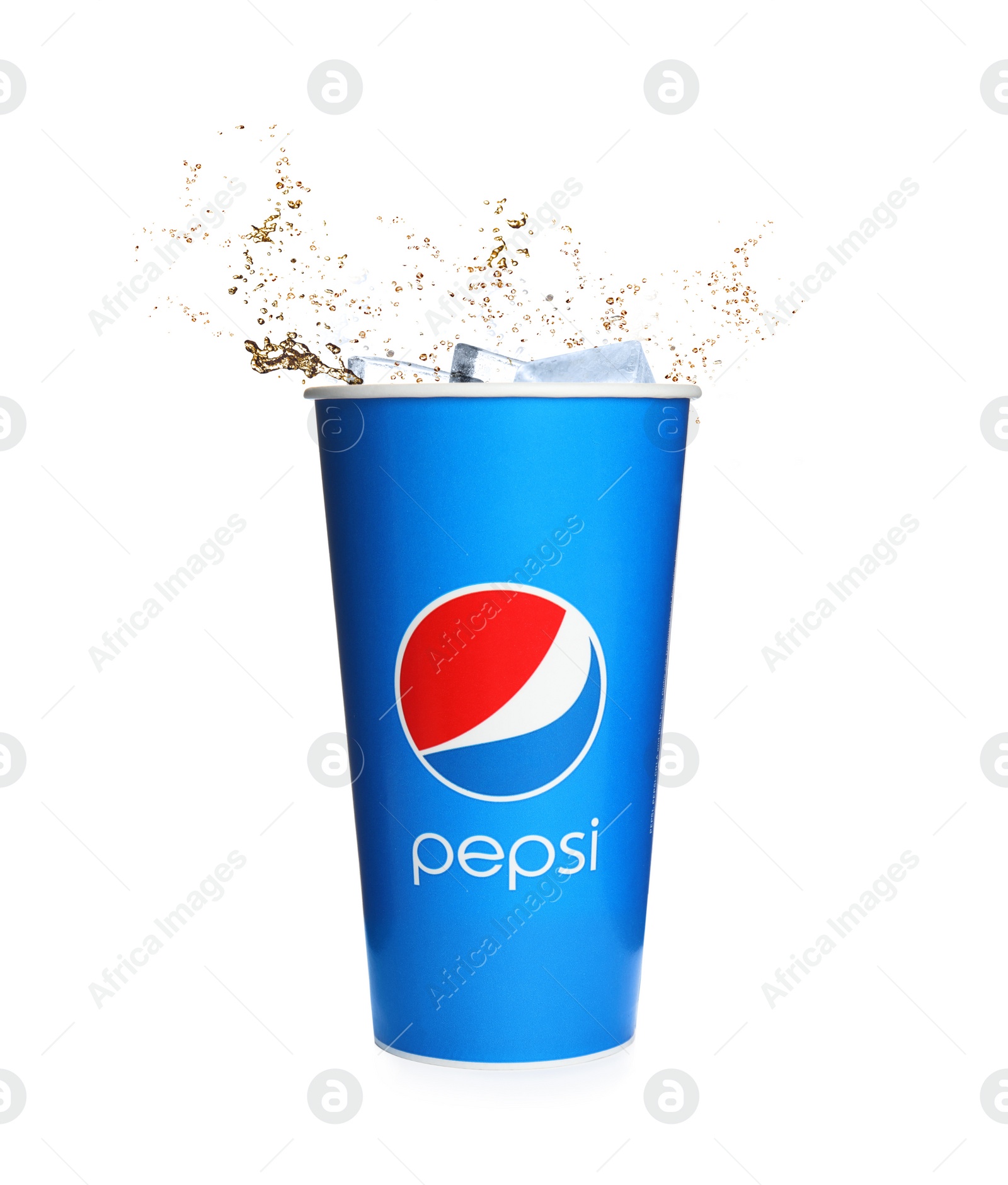 Image of MYKOLAIV, UKRAINE - JUNE 9, 2021: Pepsi splashing out of paper cup isolated on white