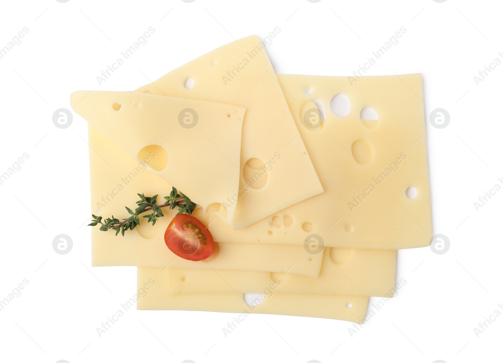 Photo of Slices of tasty fresh cheese, thyme and tomato isolated on white, top view