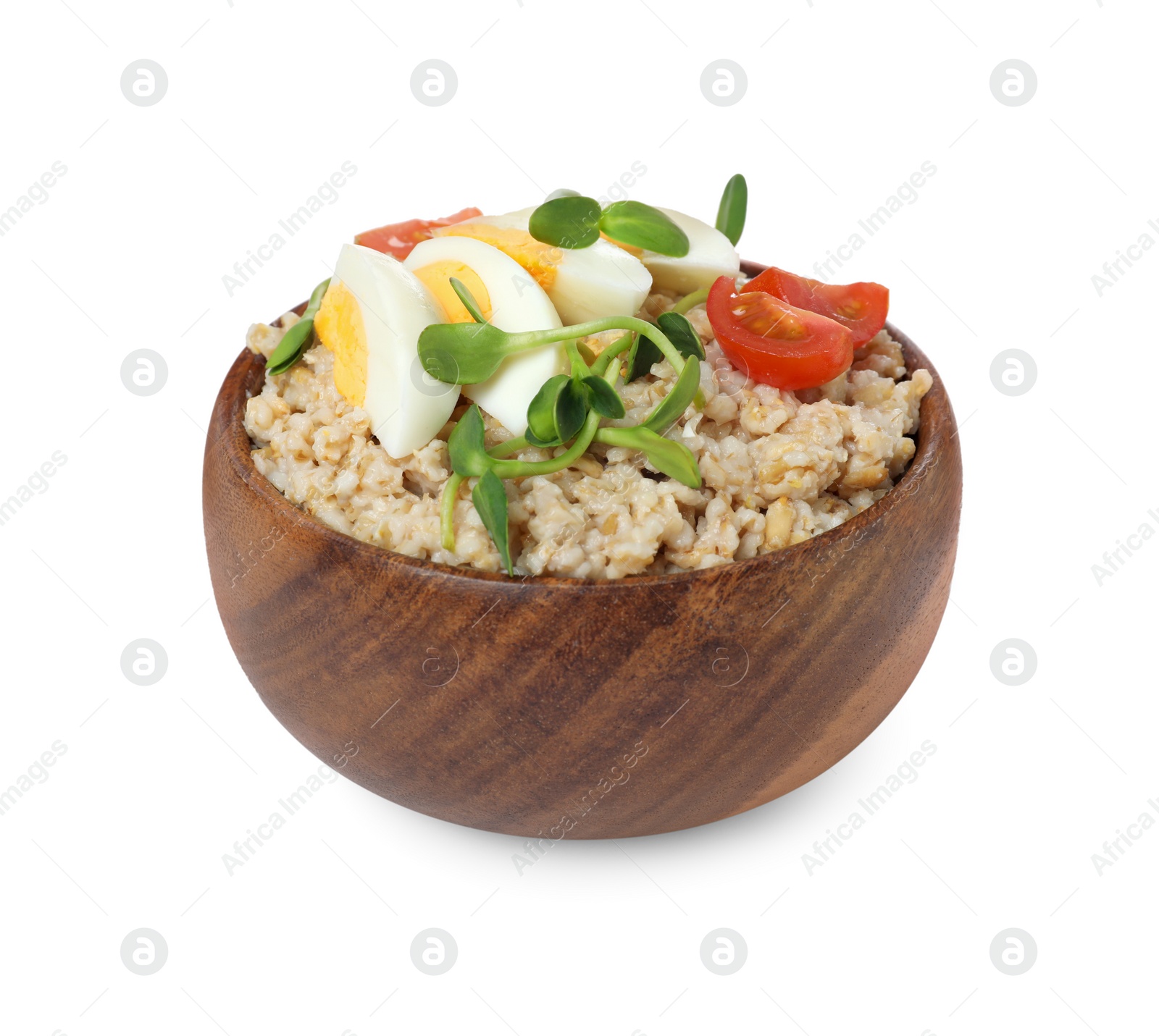 Photo of Tasty boiled oatmeal with egg, tomatoes and microgreens isolated on white