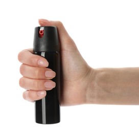 Photo of Woman with bottle of gas pepper spray on white background