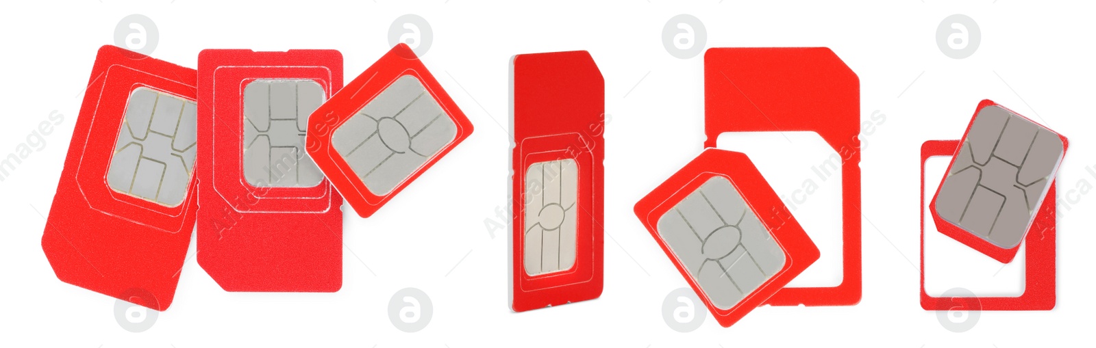 Image of Set with red SIM cards on white background. Banner design