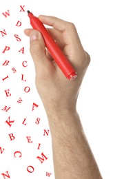 Image of Man writing letters and they flying away on white background, closeup