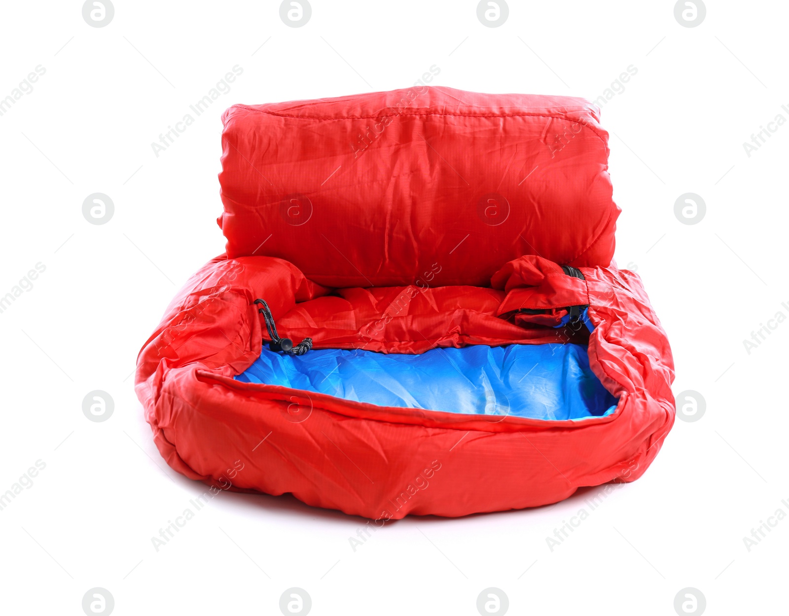 Photo of Rolled sleeping bag on white background. Camping equipment