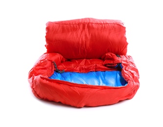 Photo of Rolled sleeping bag on white background. Camping equipment