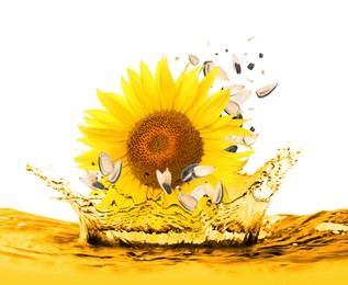 Sunflower and seeds falling into cooking oil on white background